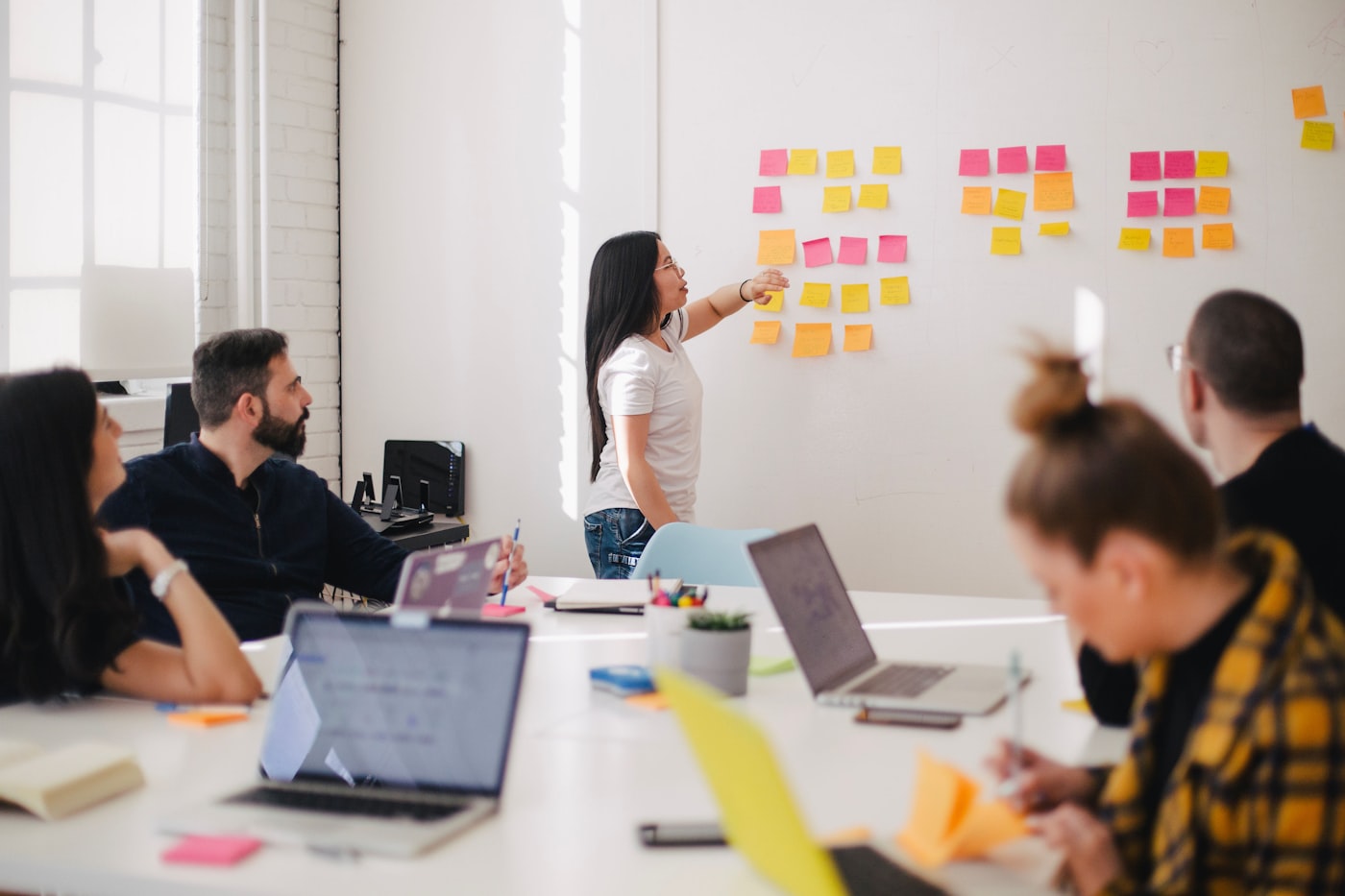 A group working together on a wall of notes